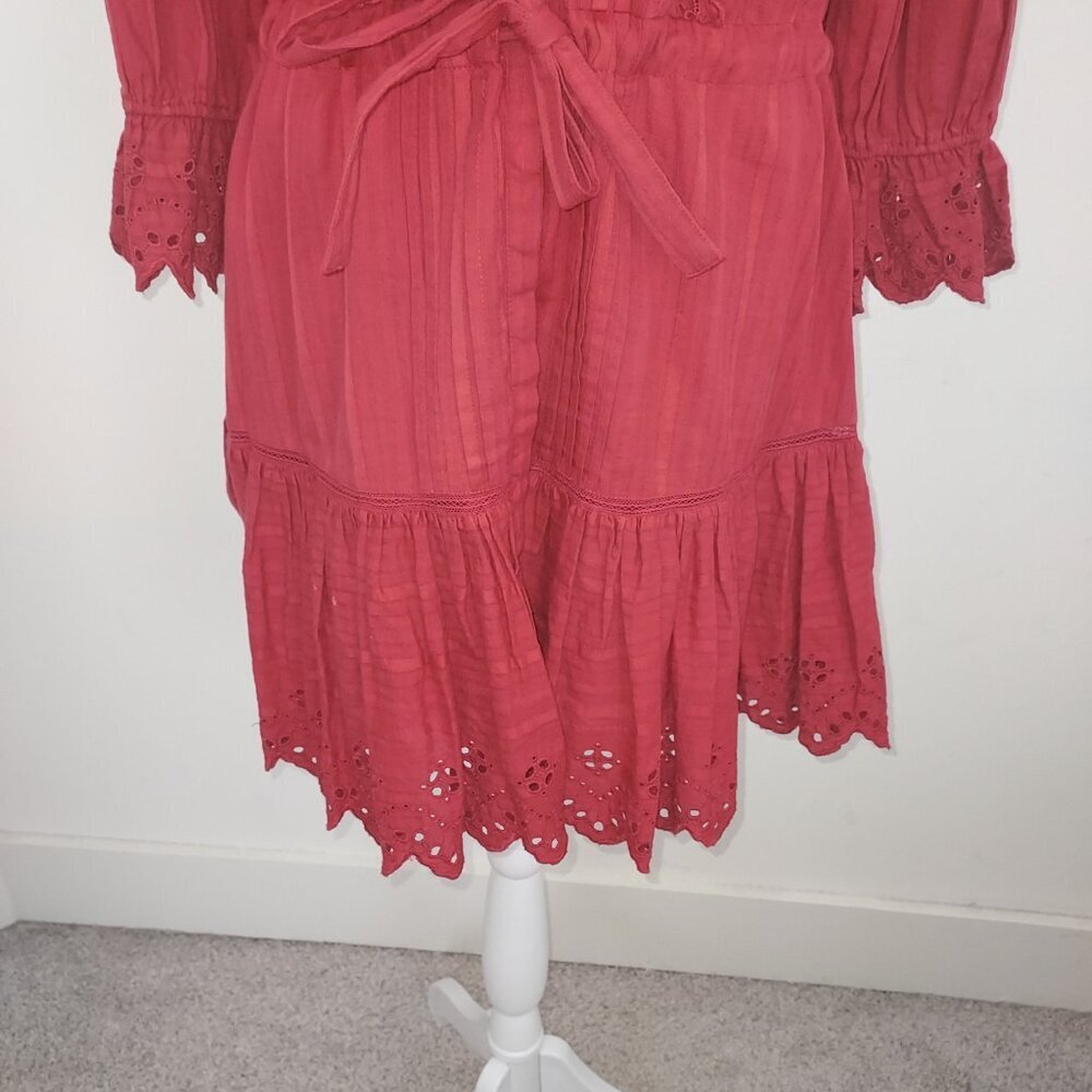 Rebecca Taylor La Vie Satin Stripe Dobby Ruffle Eyelet Red Mini Dress Size Sm - Picture 6 of 14